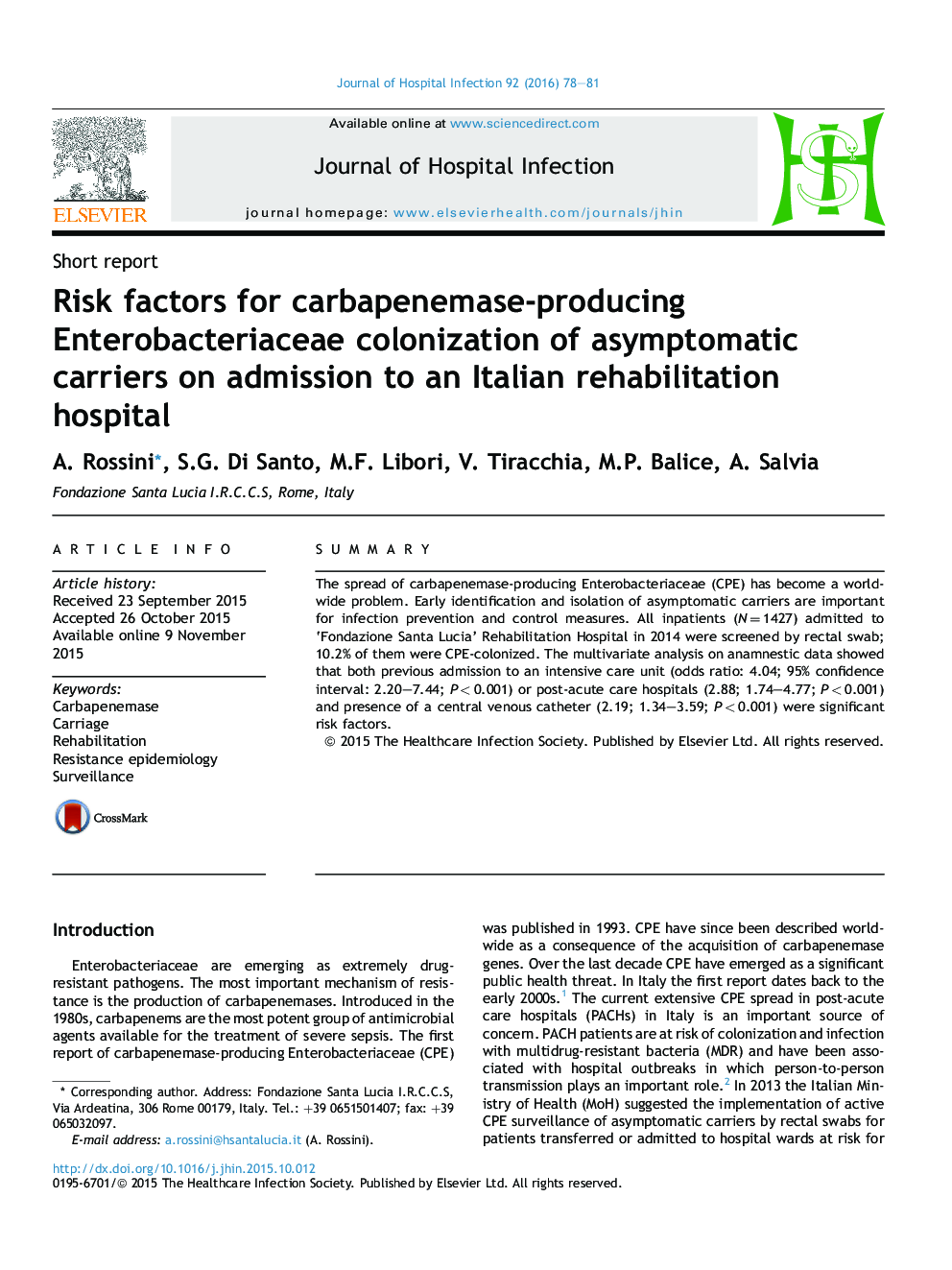 Risk factors for carbapenemase-producing Enterobacteriaceae colonization of asymptomatic carriers on admission to an Italian rehabilitation hospital