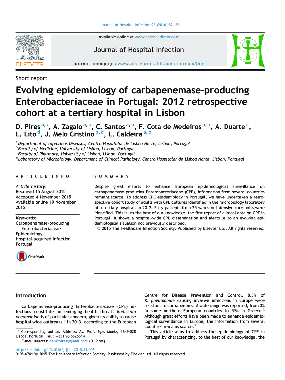 Evolving epidemiology of carbapenemase-producing Enterobacteriaceae in Portugal: 2012 retrospective cohort at a tertiary hospital in Lisbon