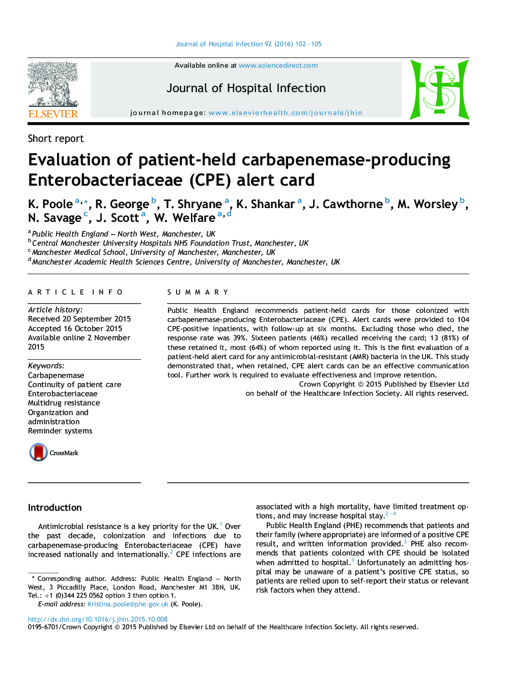 ارزیابی کارت هشدار Enterobacteriaceae (CPE) تولیدکننده کرباپنماز نگهداری شده توسط بیمار