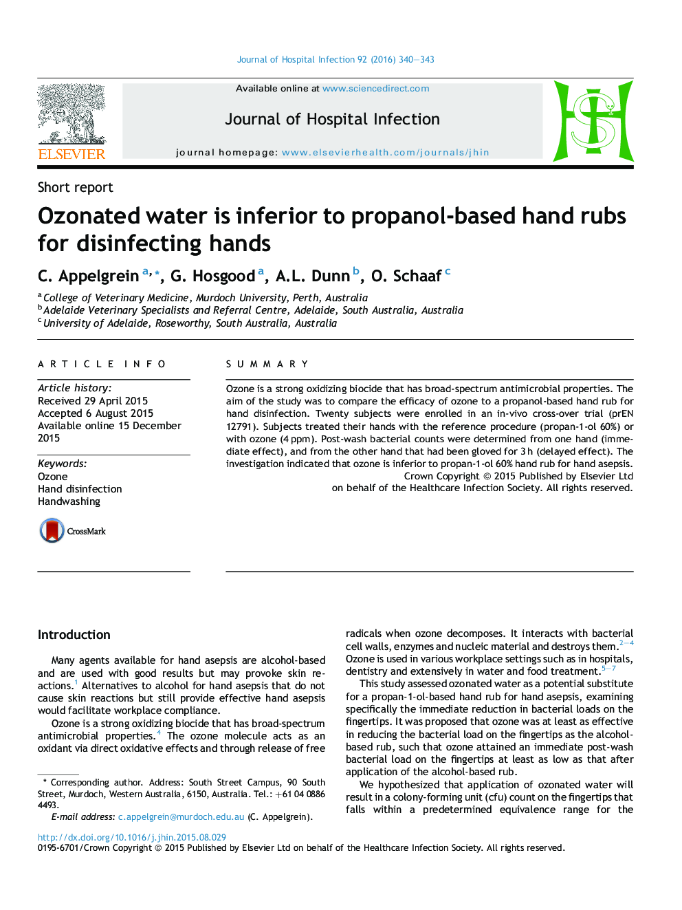 Ozonated water is inferior to propanol-based hand rubs for disinfecting hands
