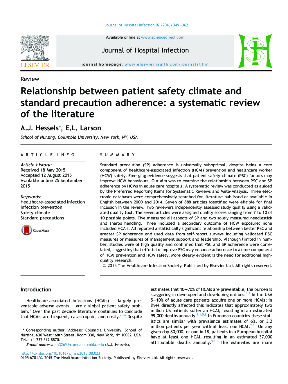 Relationship between patient safety climate and standard precaution adherence: a systematic review of the literature