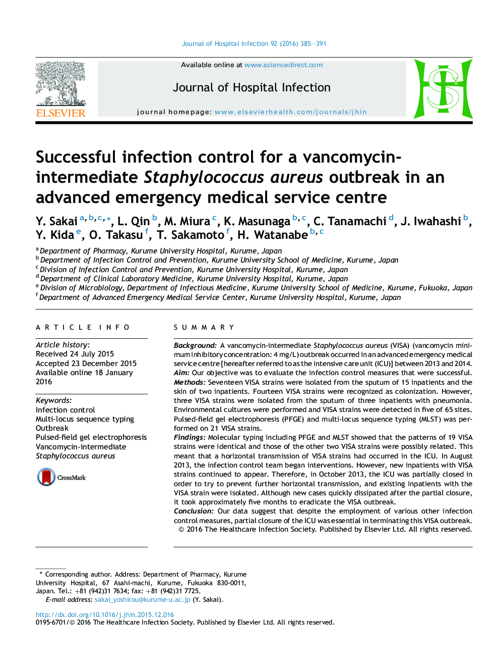 Successful infection control for a vancomycin-intermediate Staphylococcus aureus outbreak in an advanced emergency medical service centre