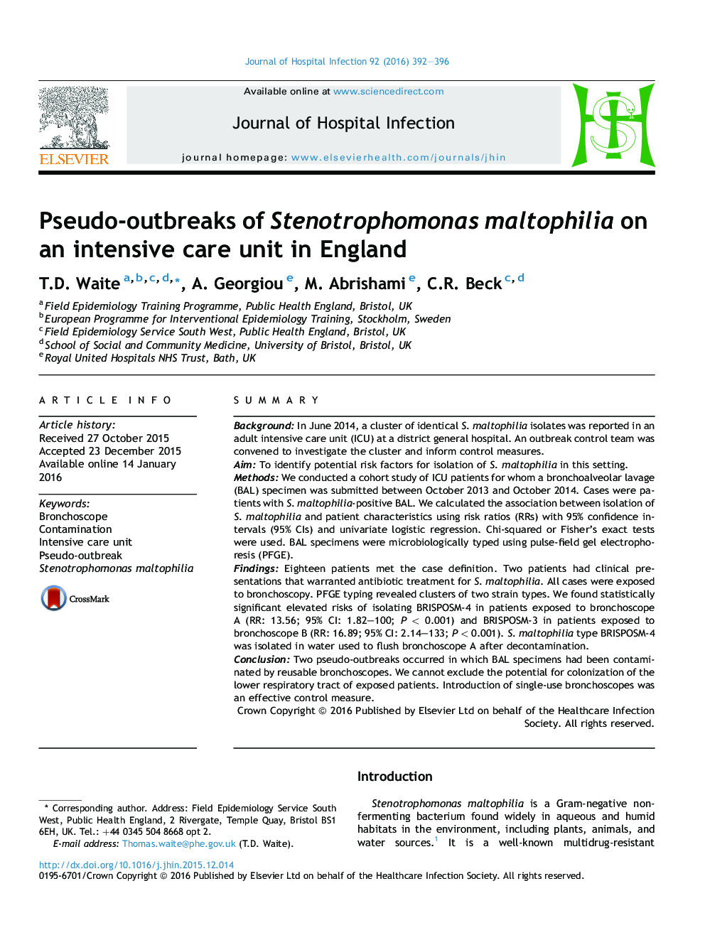 Pseudo-outbreaks of Stenotrophomonas maltophilia on an intensive care unit in England