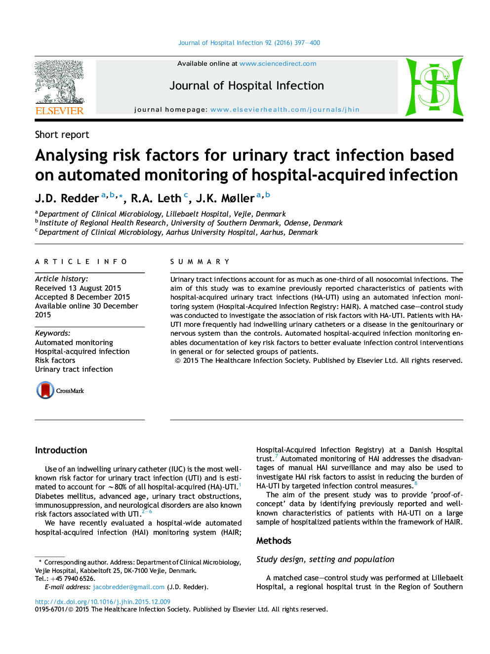 Analysing risk factors for urinary tract infection based on automated monitoring of hospital-acquired infection