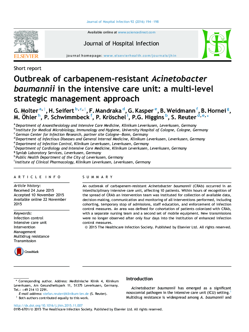 Outbreak of carbapenem-resistant Acinetobacter baumannii in the intensive care unit: a multi-level strategic management approach