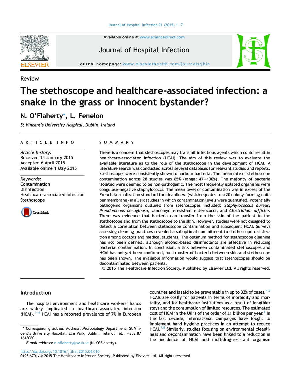 The stethoscope and healthcare-associated infection: a snake in the grass or innocent bystander?