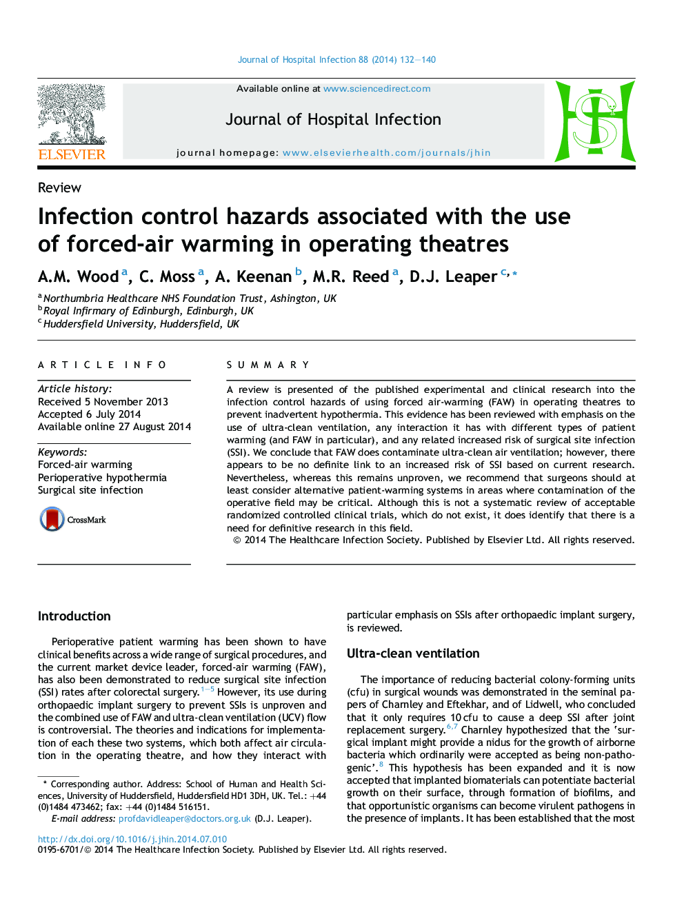 Infection control hazards associated with the use of forced-air warming in operating theatres