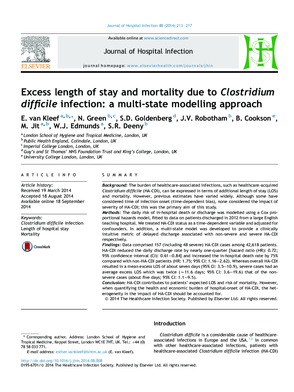 Excess length of stay and mortality due to Clostridium difficile infection: a multi-state modelling approach