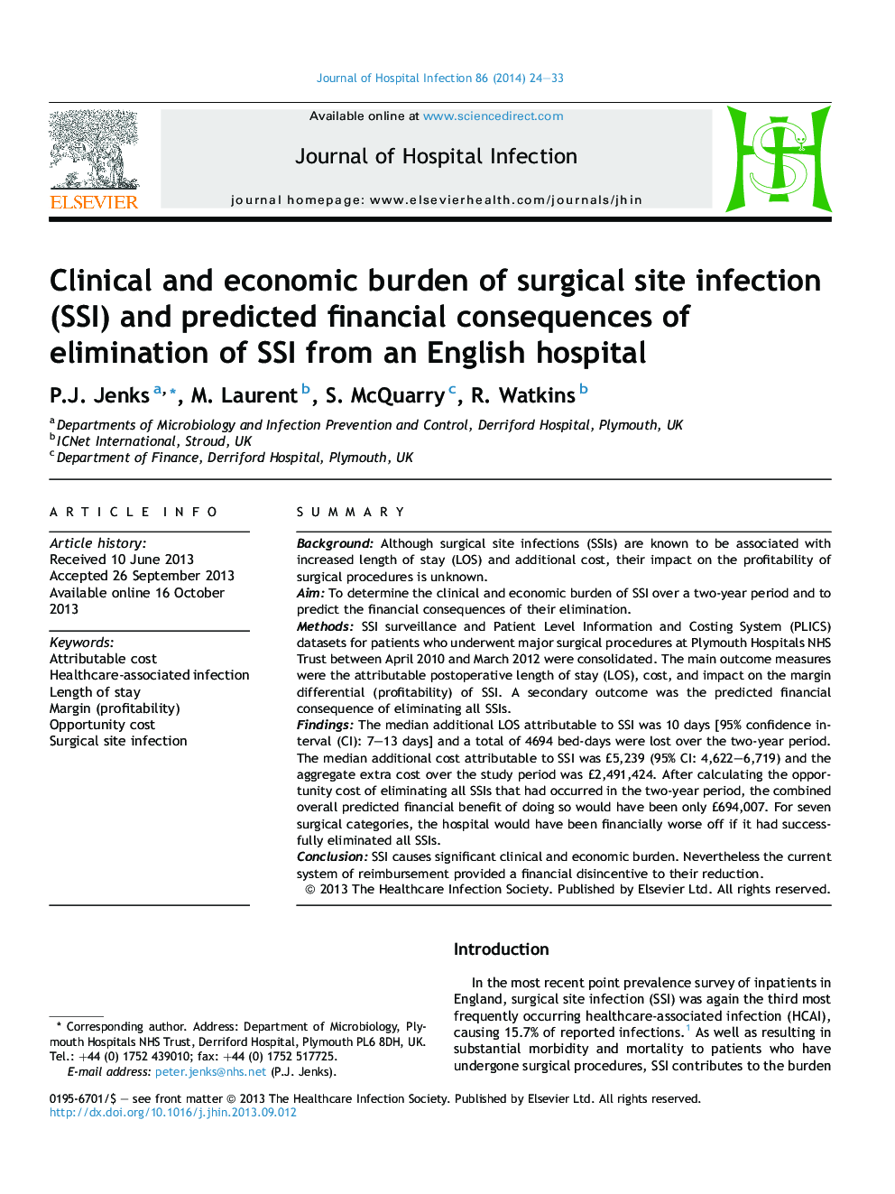 Clinical and economic burden of surgical site infection (SSI) and predicted financial consequences of elimination of SSI from an English hospital