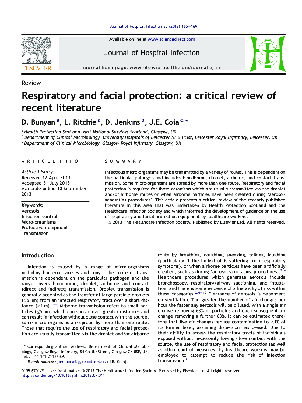 Respiratory and facial protection: a critical review of recent literature