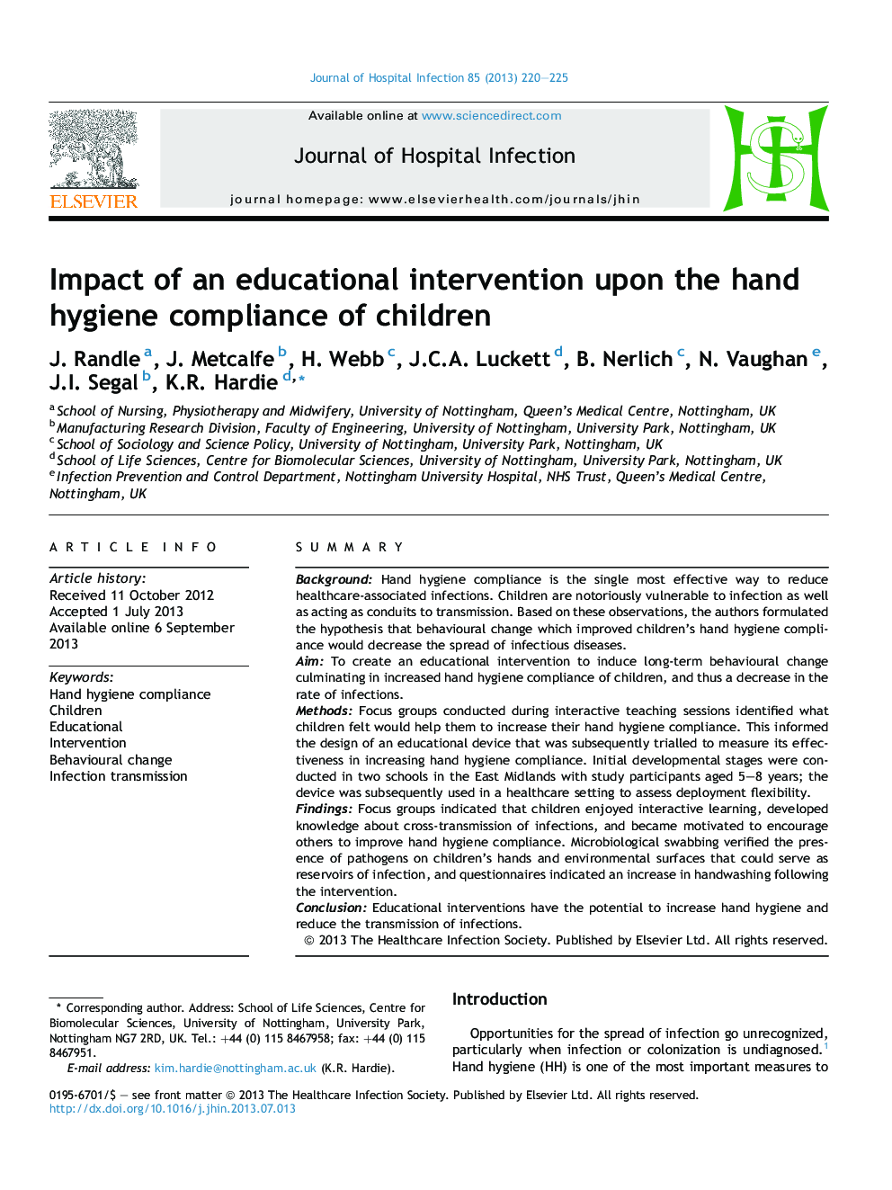 Impact of an educational intervention upon the hand hygiene compliance of children