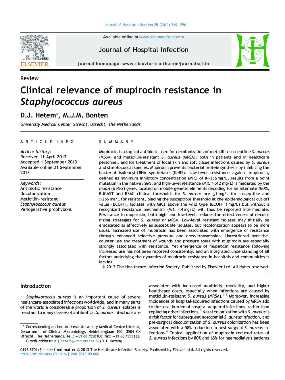 Clinical relevance of mupirocin resistance in Staphylococcus aureus