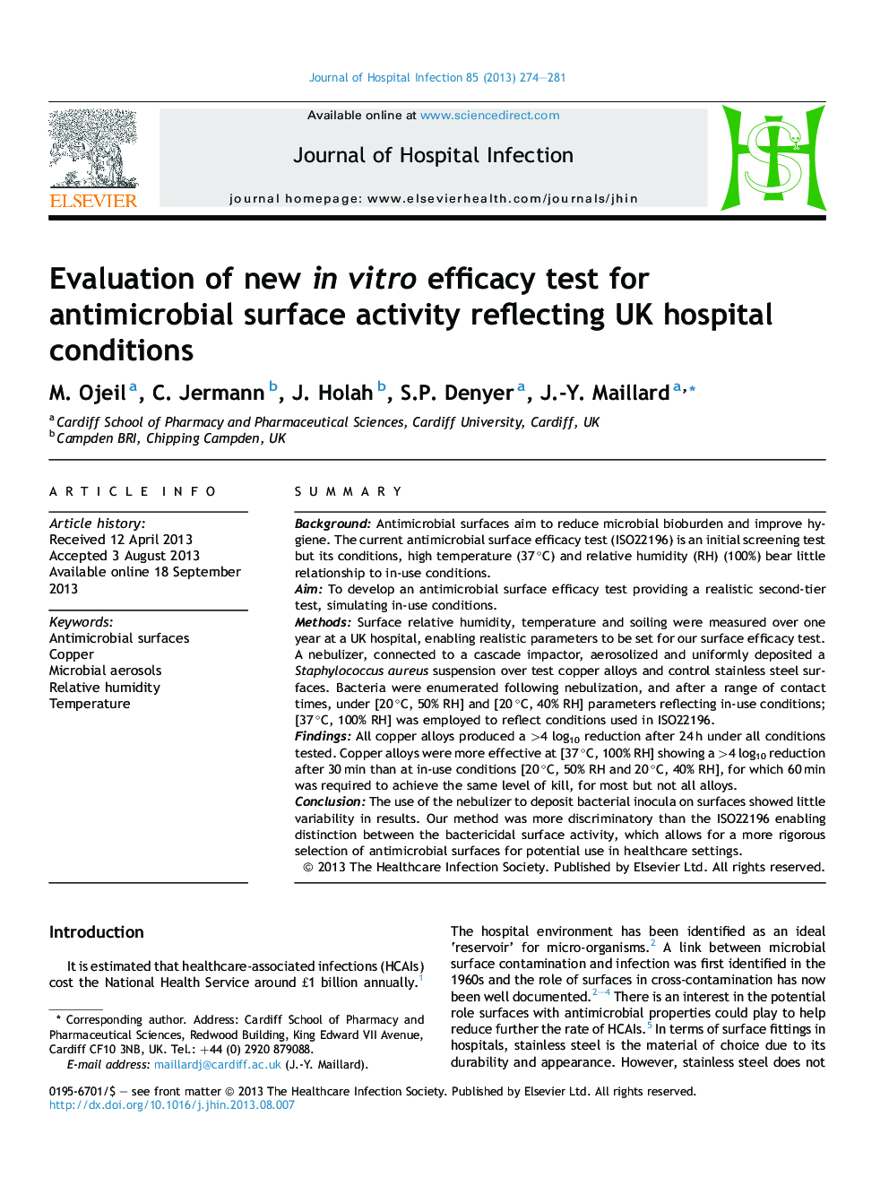 Evaluation of new in vitro efficacy test for antimicrobial surface activity reflecting UK hospital conditions