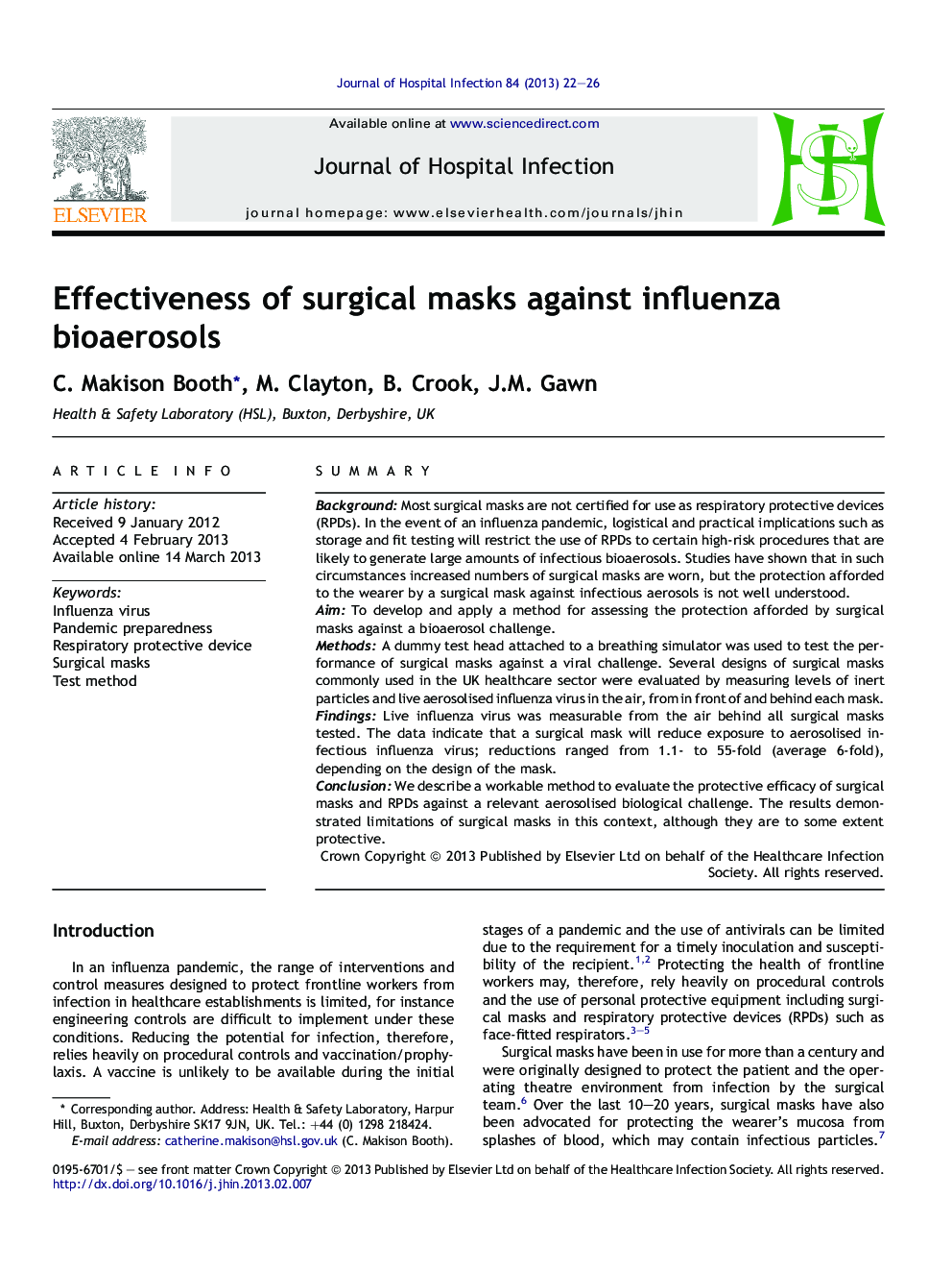 Effectiveness of surgical masks against influenza bioaerosols