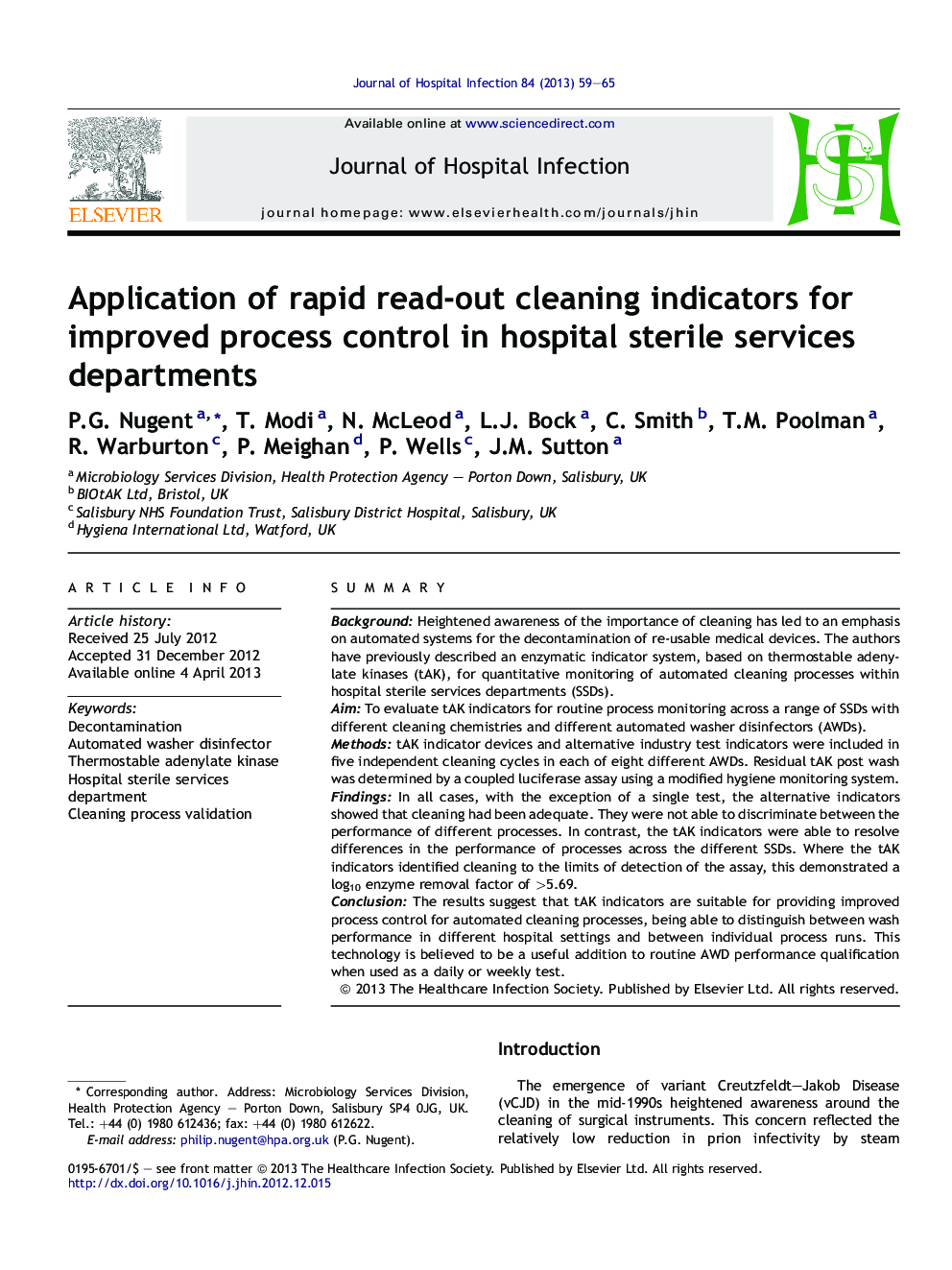 Application of rapid read-out cleaning indicators for improved process control in hospital sterile services departments