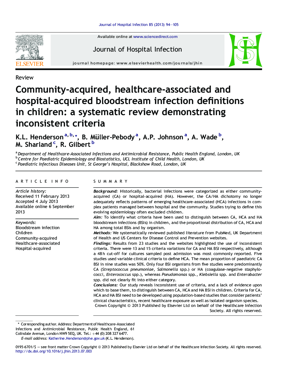 Community-acquired, healthcare-associated and hospital-acquired bloodstream infection definitions in children: a systematic review demonstrating inconsistent criteria