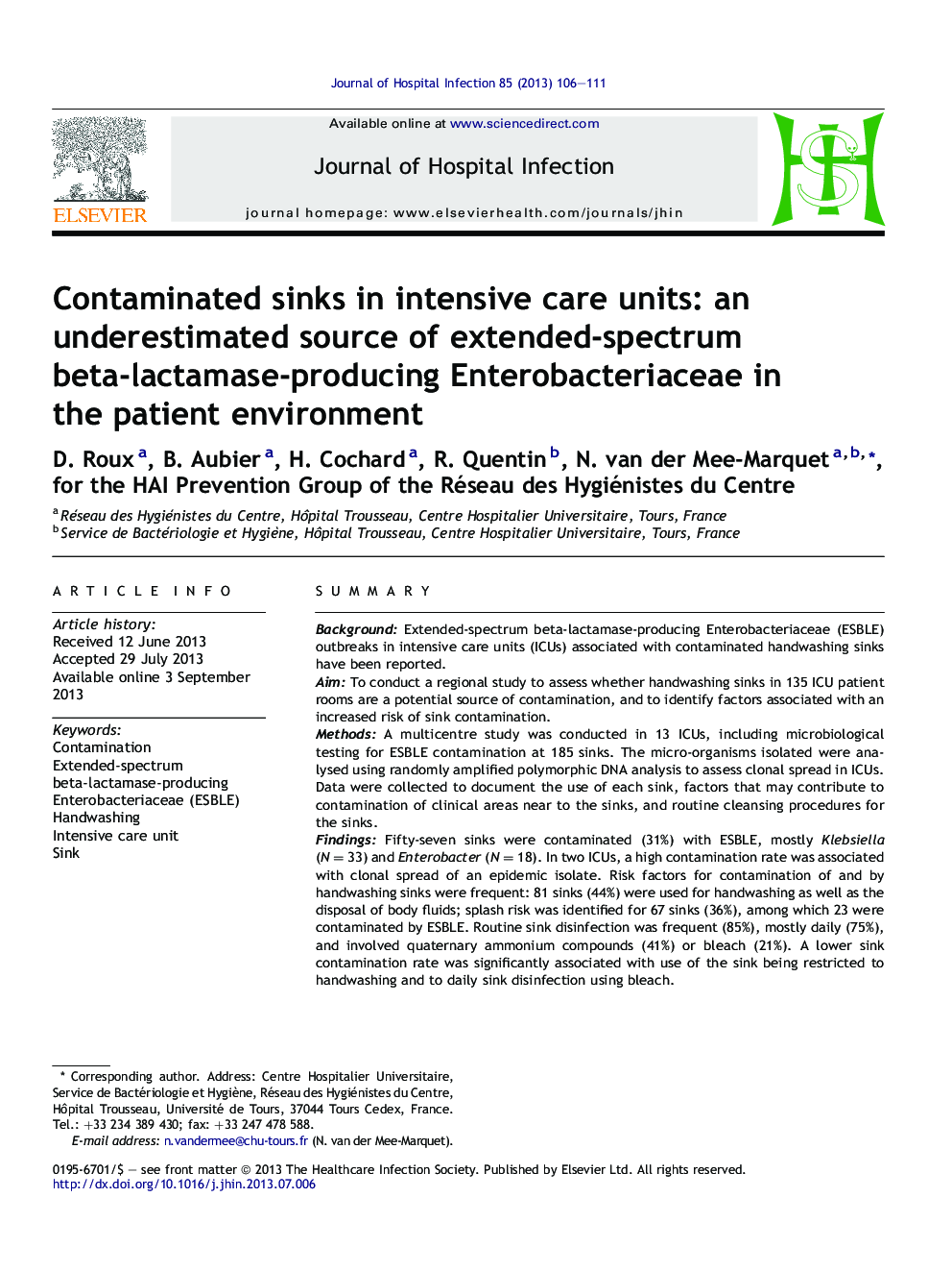 Contaminated sinks in intensive care units: an underestimated source of extended-spectrum beta-lactamase-producing Enterobacteriaceae in the patient environment