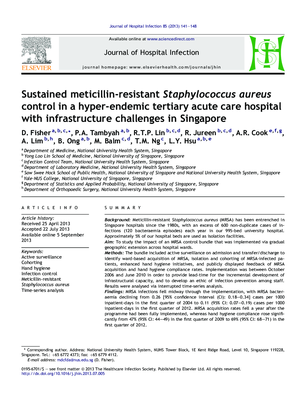 Sustained meticillin-resistant Staphylococcus aureus control in a hyper-endemic tertiary acute care hospital with infrastructure challenges in Singapore