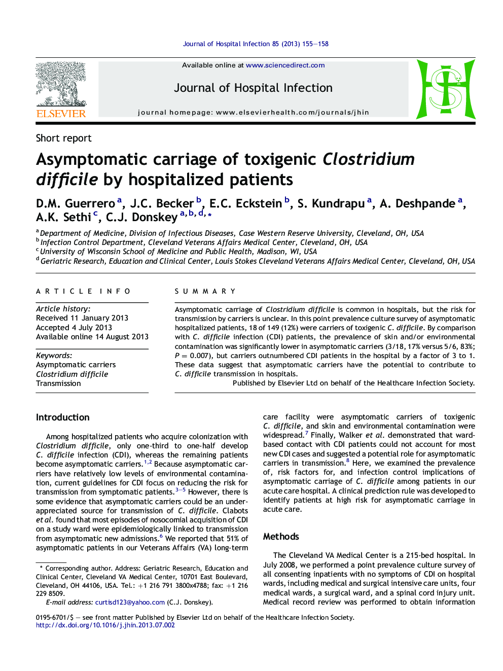 Asymptomatic carriage of toxigenic Clostridium difficile by hospitalized patients