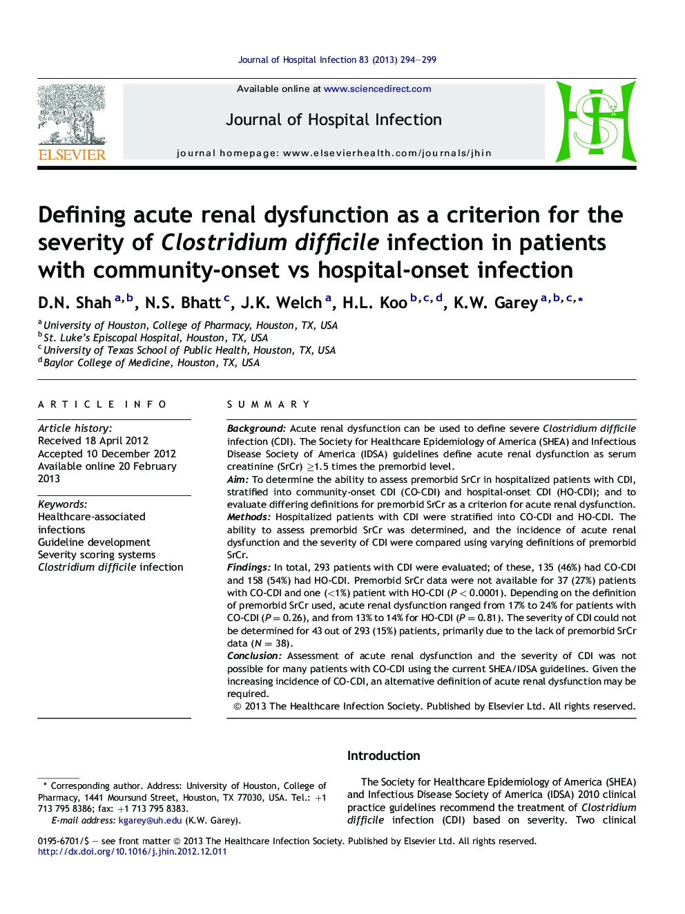 Defining acute renal dysfunction as a criterion for the severity of Clostridium difficile infection in patients with community-onset vs hospital-onset infection