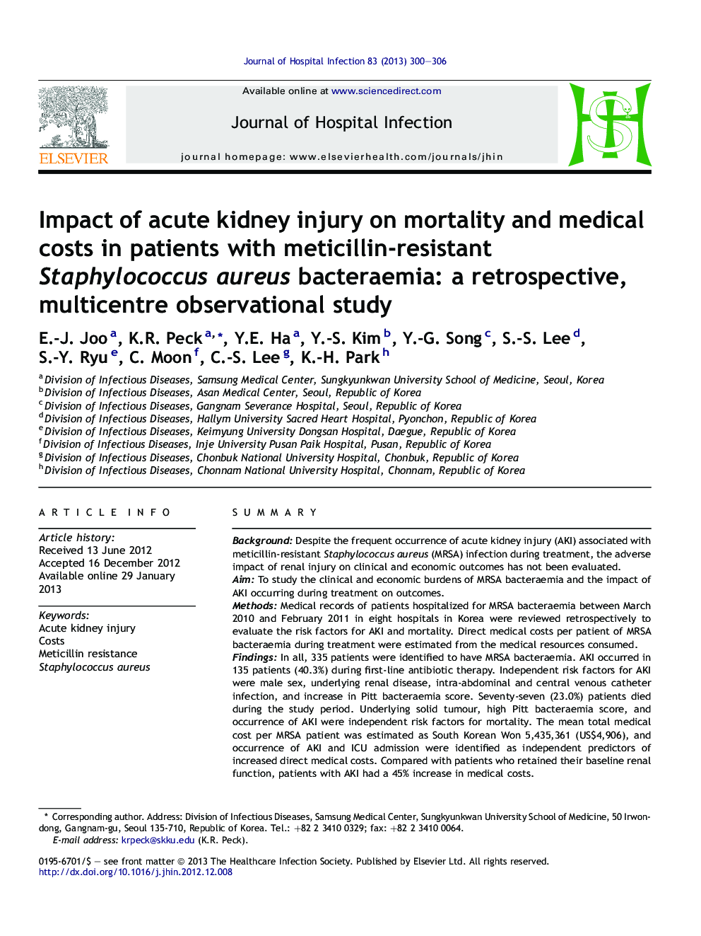 Impact of acute kidney injury on mortality and medical costs in patients with meticillin-resistant Staphylococcus aureus bacteraemia: a retrospective, multicentre observational study