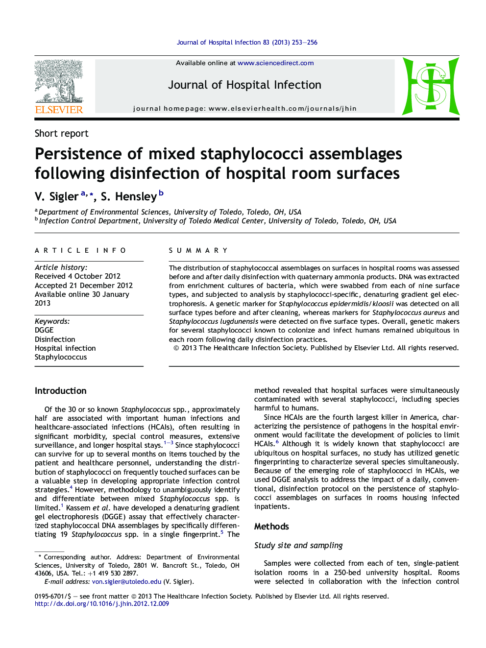 Persistence of mixed staphylococci assemblages following disinfection of hospital room surfaces