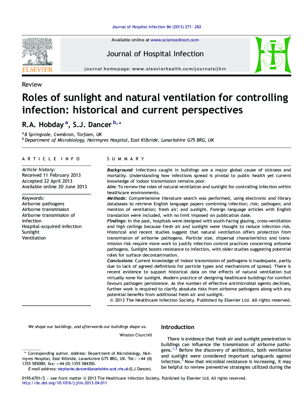 Roles of sunlight and natural ventilation for controlling infection: historical and current perspectives