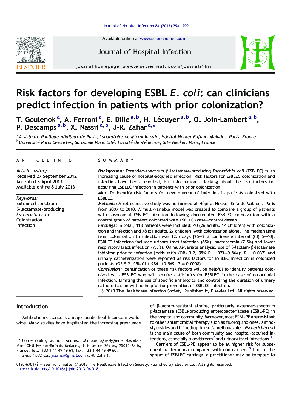 Risk factors for developing ESBL E. coli: can clinicians predict infection in patients with prior colonization?