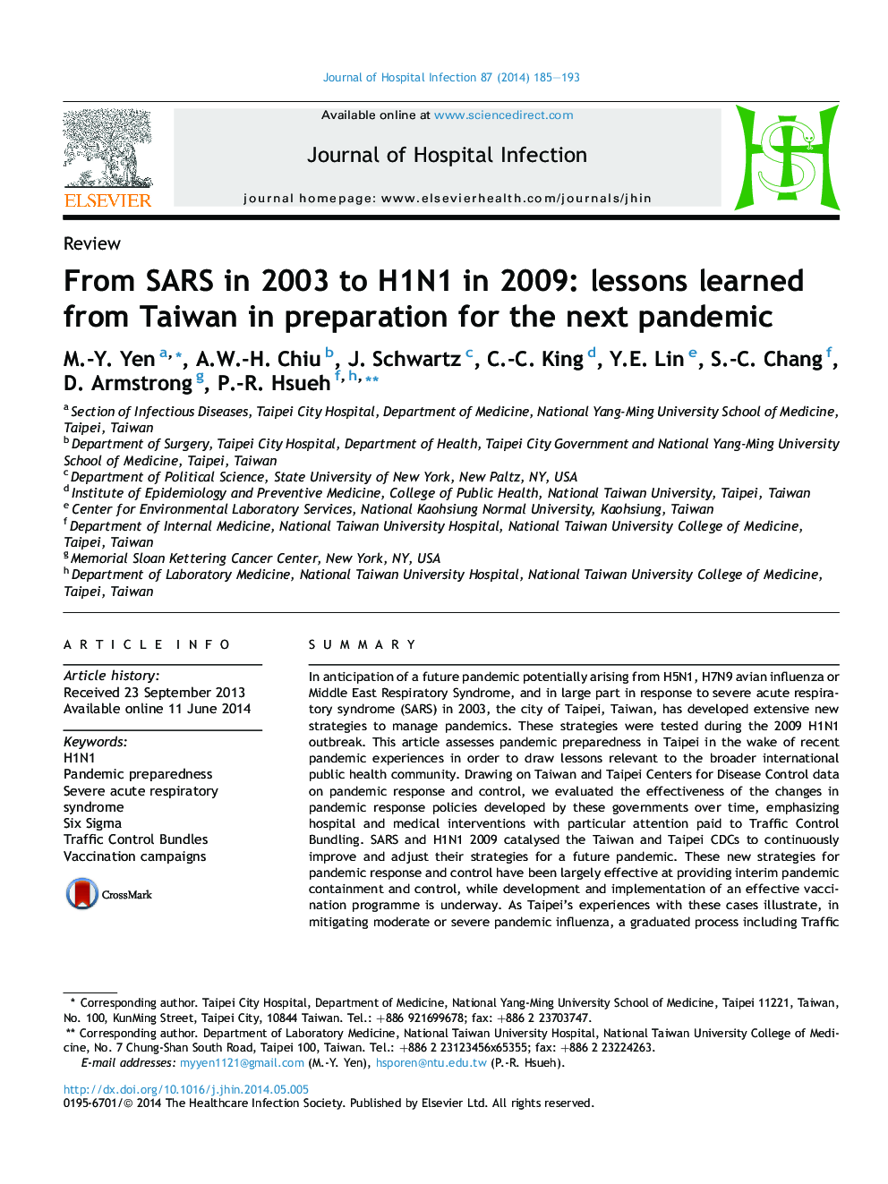 From SARS in 2003 to H1N1 in 2009: lessons learned from Taiwan in preparation for the next pandemic