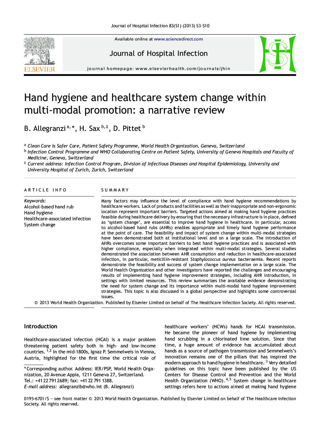 Hand hygiene and healthcare system change within multi-modal promotion: a narrative review