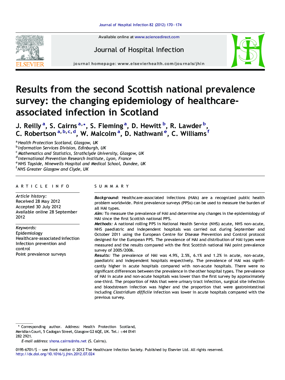 Results from the second Scottish national prevalence survey: the changing epidemiology of healthcare-associated infection in Scotland