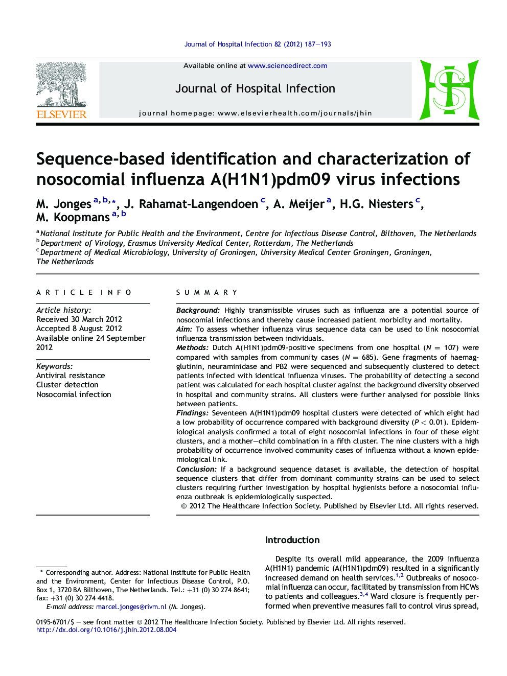 Sequence-based identification and characterization of nosocomial influenza A(H1N1)pdm09 virus infections