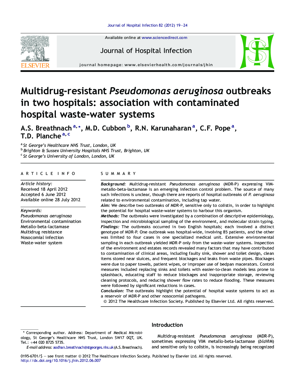 Multidrug-resistant Pseudomonas aeruginosa outbreaks in two hospitals: association with contaminated hospital waste-water systems