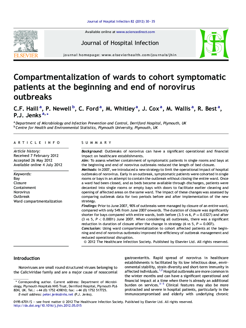 Compartmentalization of wards to cohort symptomatic patients at the beginning and end of norovirus outbreaks