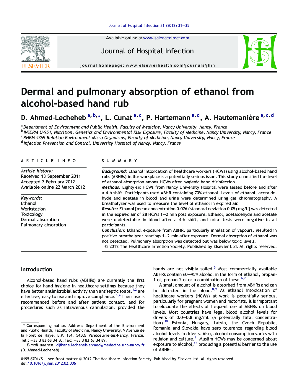 Dermal and pulmonary absorption of ethanol from alcohol-based hand rub