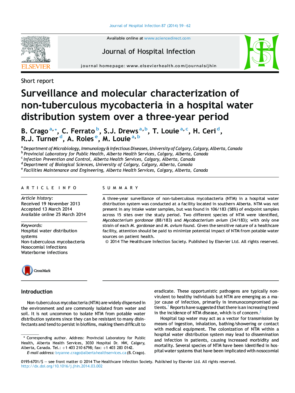 نظارت و شناسایی مولکولی مایکوباکتریوم غیر سل در یک سیستم توزیع آب در بیمارستان طی یک دوره سه ساله 