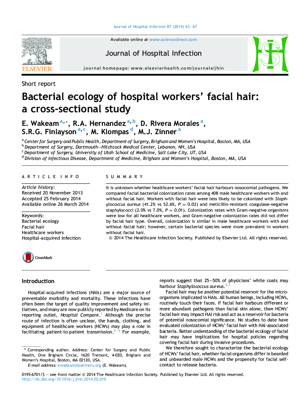 Bacterial ecology of hospital workers' facial hair: a cross-sectional study