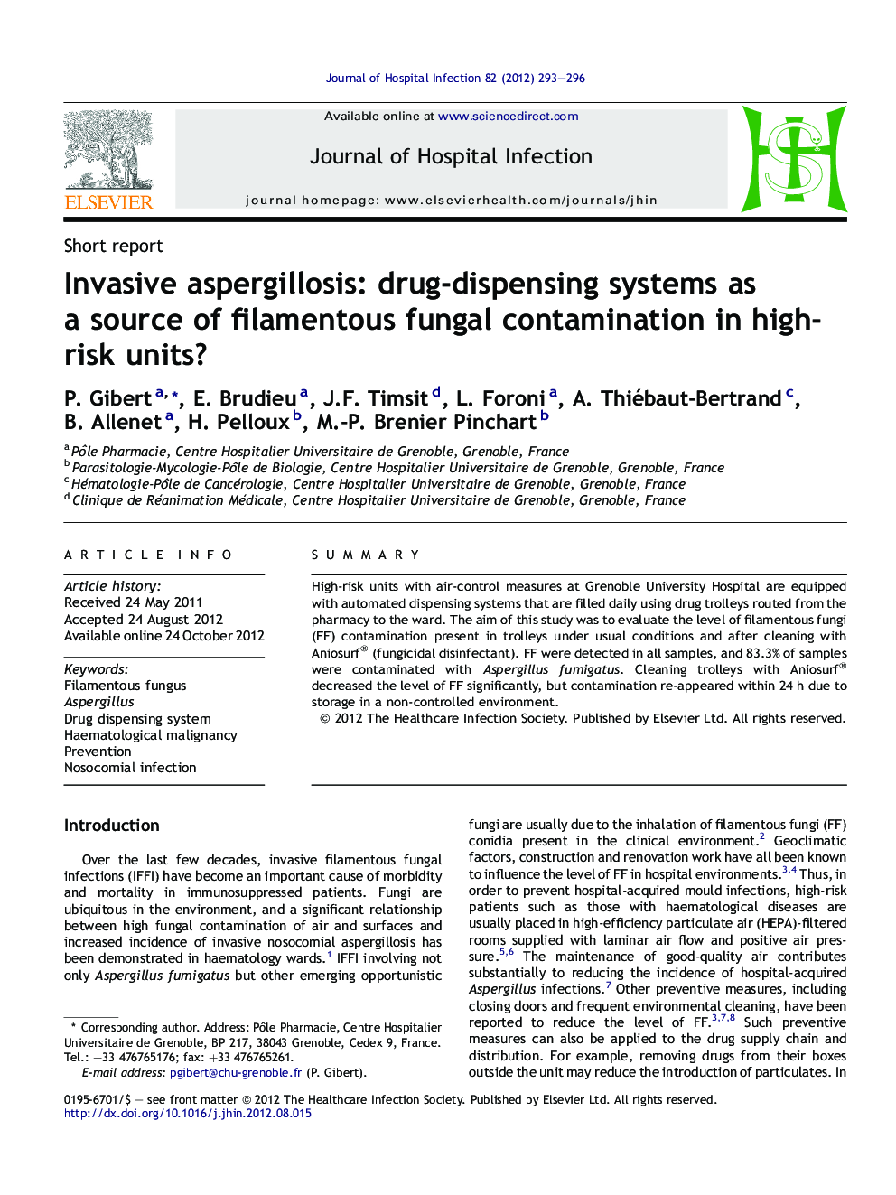 Invasive aspergillosis: drug-dispensing systems as a source of filamentous fungal contamination in high-risk units?