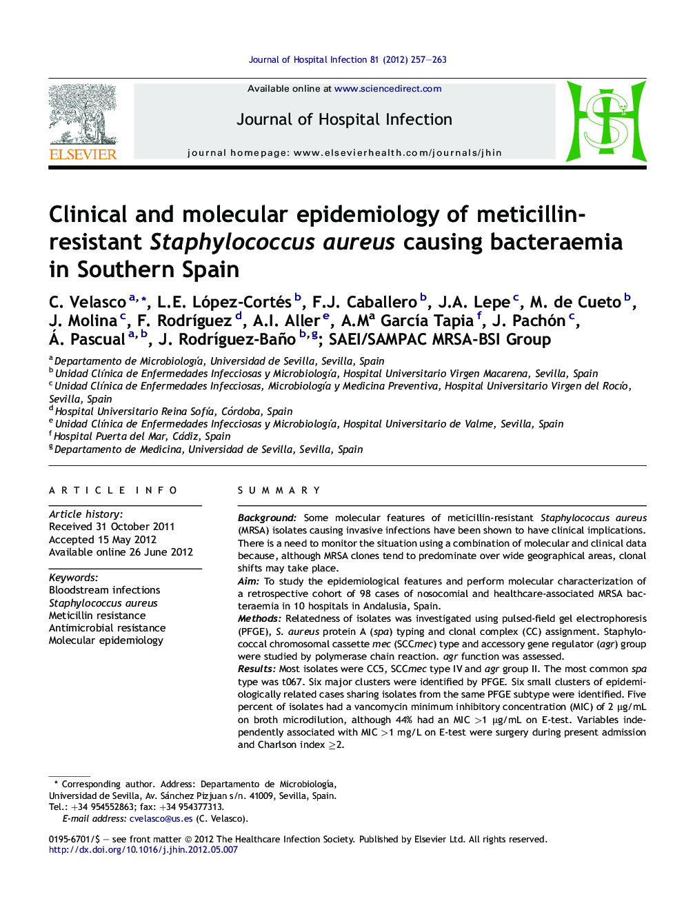 Clinical and molecular epidemiology of meticillin-resistant Staphylococcus aureus causing bacteraemia in Southern Spain