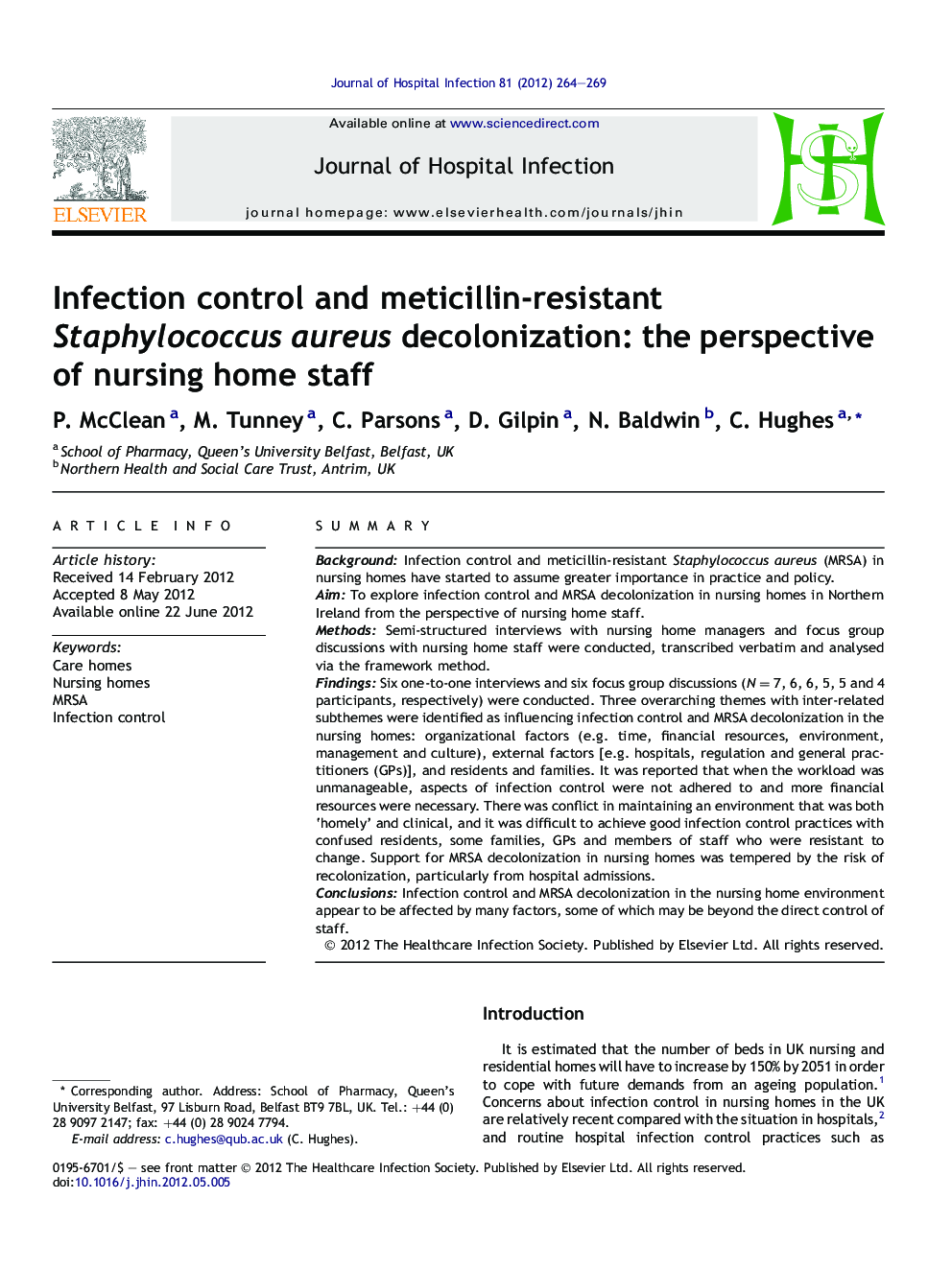 Infection control and meticillin-resistant Staphylococcus aureus decolonization: the perspective of nursing home staff