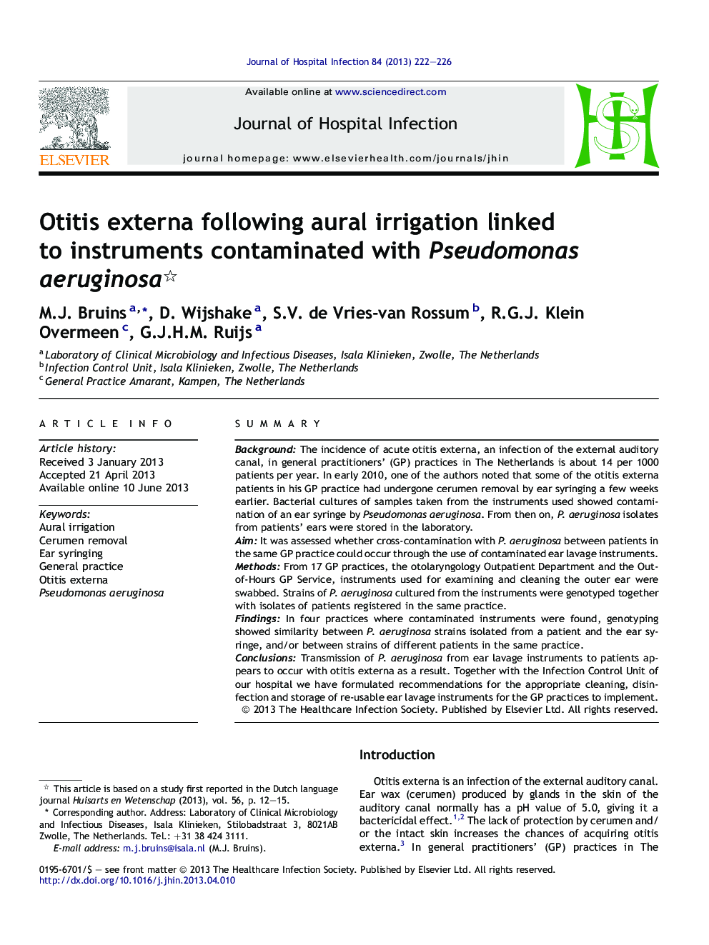 Otitis externa following aural irrigation linked to instruments contaminated with Pseudomonas aeruginosa 