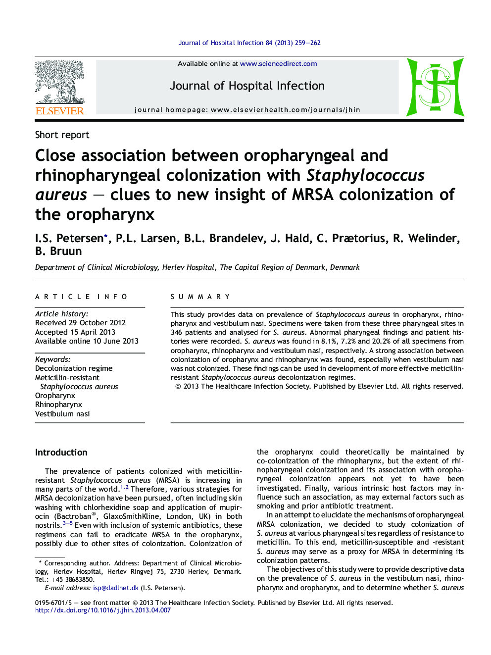 Close association between oropharyngeal and rhinopharyngeal colonization with Staphylococcus aureus – clues to new insight of MRSA colonization of the oropharynx