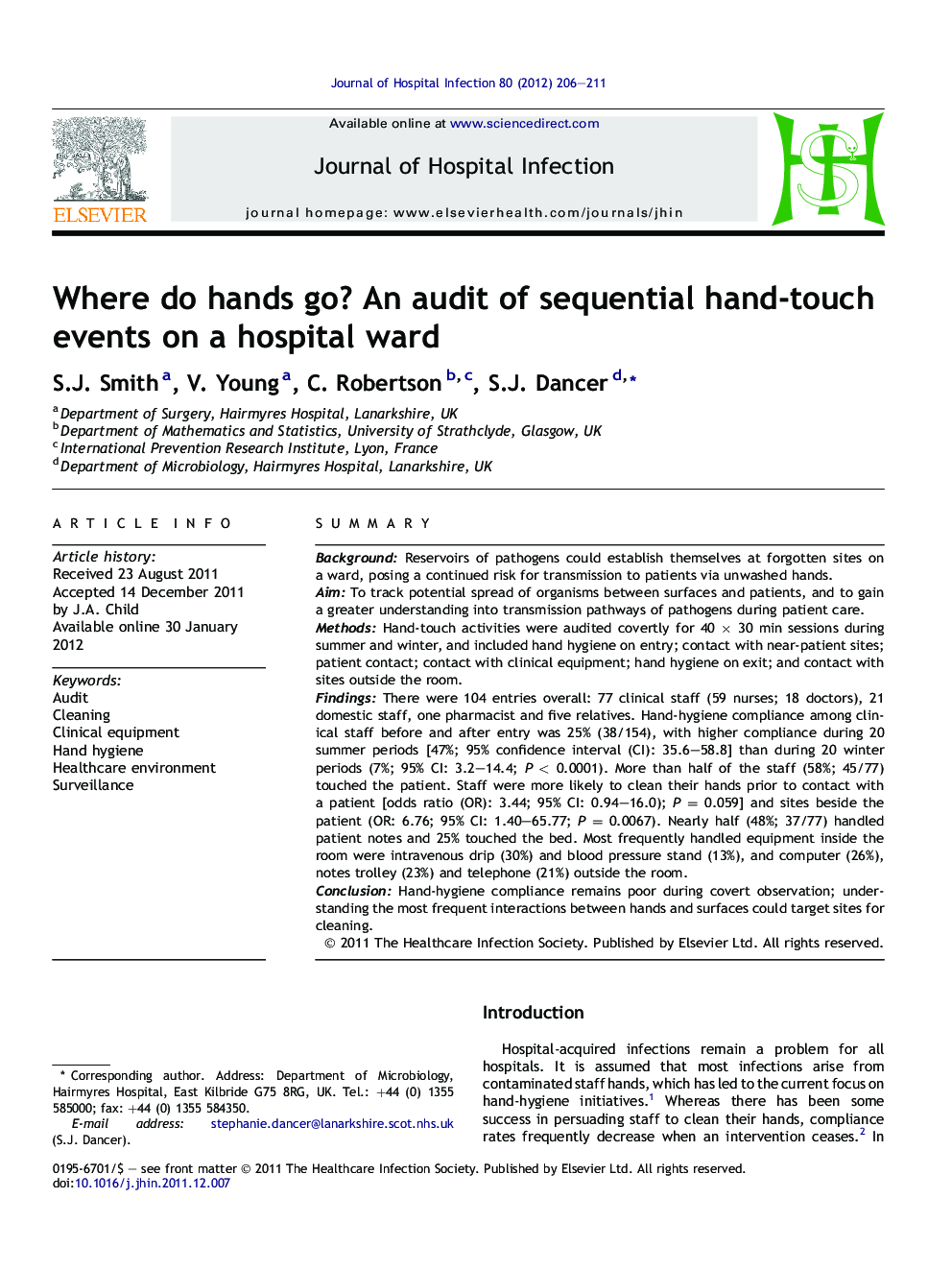 Where do hands go? An audit of sequential hand-touch events on a hospital ward