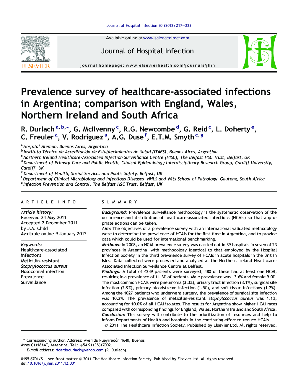 Prevalence survey of healthcare-associated infections in Argentina; comparison with England, Wales, Northern Ireland and South Africa