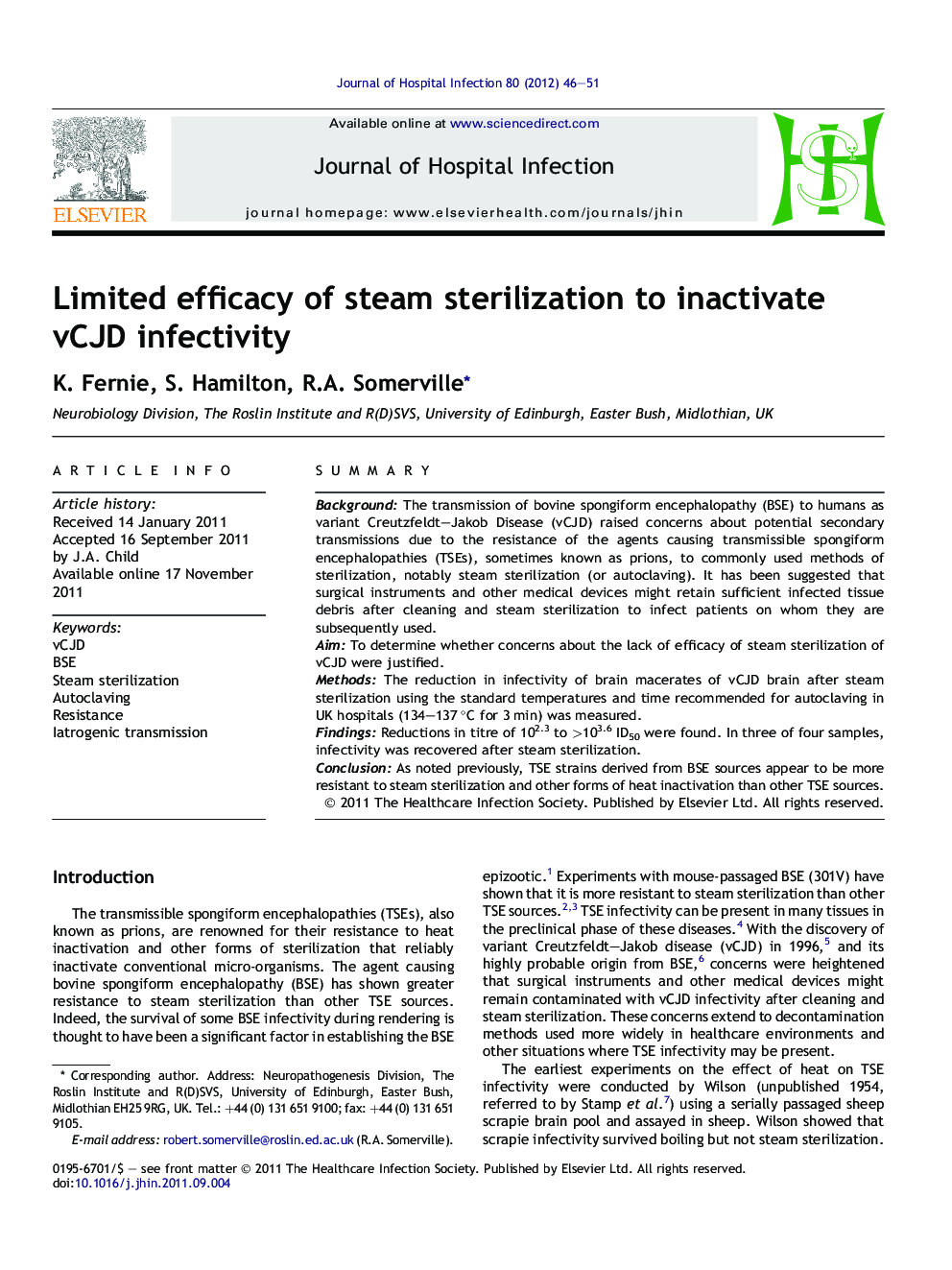 Limited efficacy of steam sterilization to inactivate vCJD infectivity