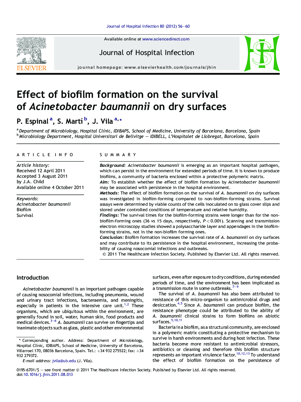 عکس صفحه اول مقاله: Effect of biofilm formation on the survival of Acinetobacter baumannii on dry surfaces Effect of biofilm formation on the survival of Acinetobacter baumannii on dry surfaces