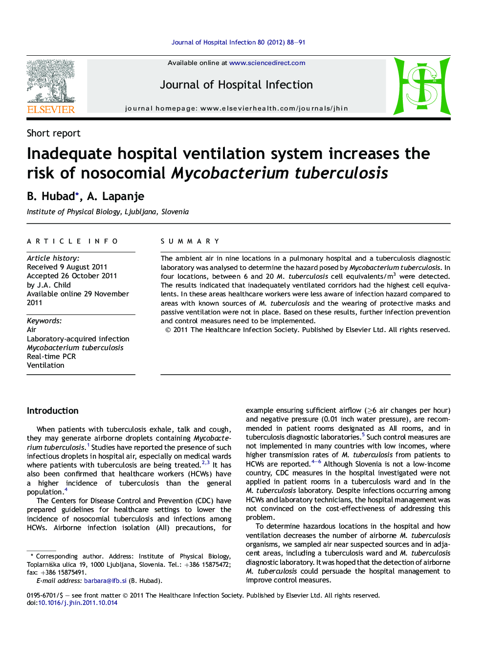 Inadequate hospital ventilation system increases the risk of nosocomial Mycobacterium tuberculosis