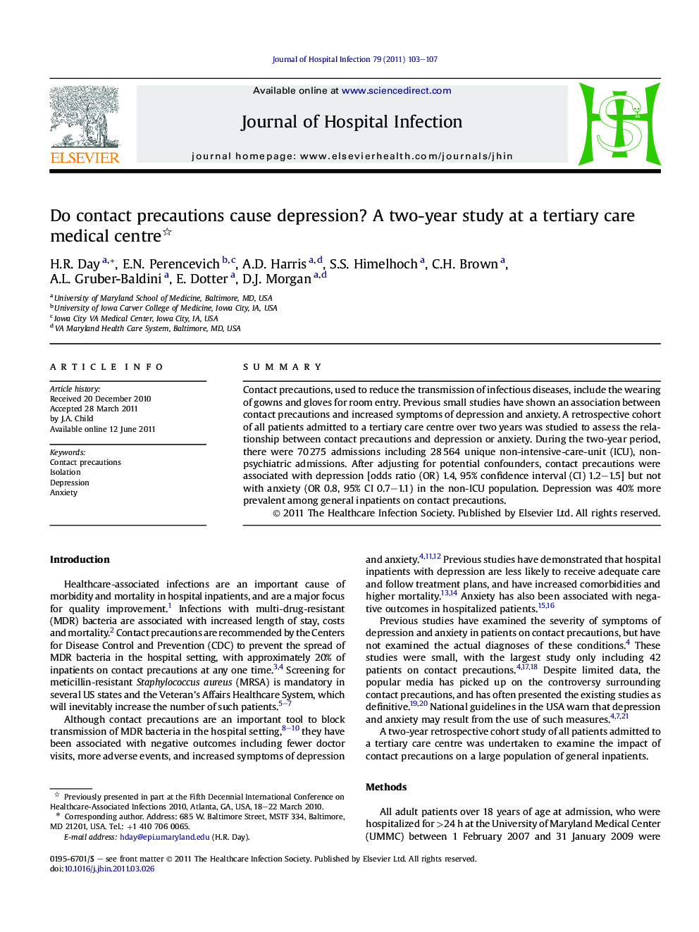 Do contact precautions cause depression? A two-year study at a tertiary care medical centre 