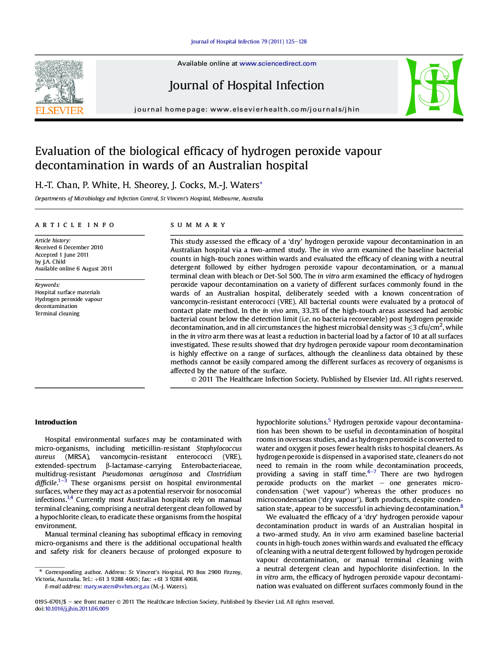 Evaluation of the biological efficacy of hydrogen peroxide vapour decontamination in wards of an Australian hospital