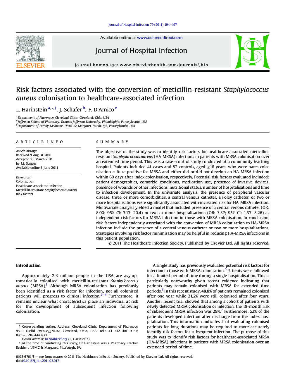 Risk factors associated with the conversion of meticillin-resistant Staphylococcus aureus colonisation to healthcare-associated infection